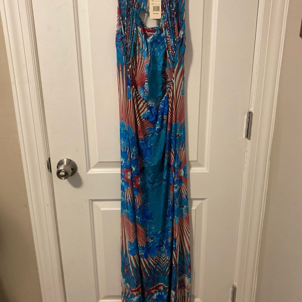 Julia Tropical Hibiscus Maxi Dress Womens Small Turquoise Red Fringe Cutout Back - Picture 6 of 6